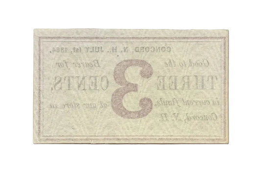 1864 Concord New Hampshire 3 Cents Merchant Scrip Note - Unissued Remainder - 1864 Morrill & Silsby Three Cent Obsolete Banknote