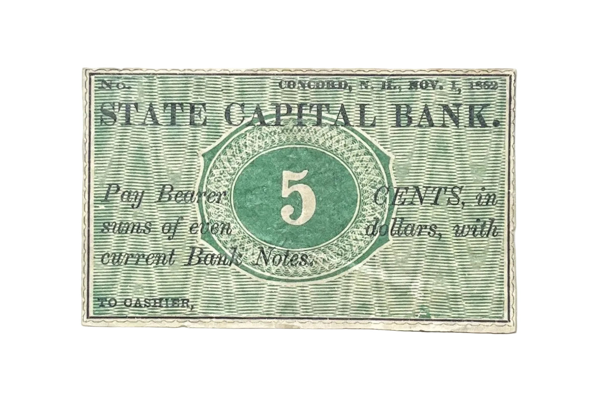 1862 State Capital Bank 5 Cents Merchant Scrip Note - Unissued Remainder - New Hampshire Obsolete - 1862 Concord NH Five Cent Banknote