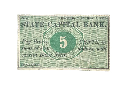 1862 State Capital Bank 5 Cents Merchant Scrip Note - Unissued Remainder - New Hampshire Obsolete - 1862 Concord NH Five Cent Banknote