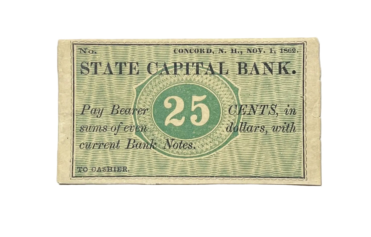 1862 State Capital Bank 25 Cents Merchant Scrip Note - Unissued Remainder - New Hampshire Obsolete - 1862 Concord NH Twenty-Five Cent Note