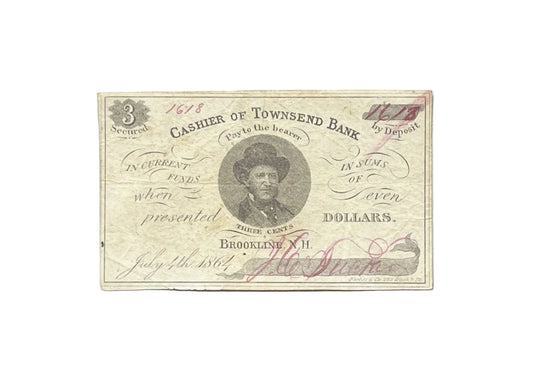 1864 J. C. Tucker Brookline NH 3 Cents Merchant Scrip - Civil War Era Note - Brookline New Hampshire Three Cent Obsolete Merchant Note