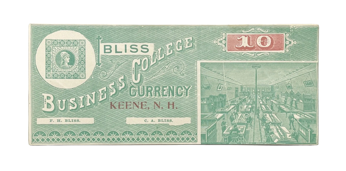 1890s Bliss Business College Currency 10 Dollar Note - Keene, NH - Almost Uncirculated (AU) - Bliss Business College Ten Dollars Trade Note