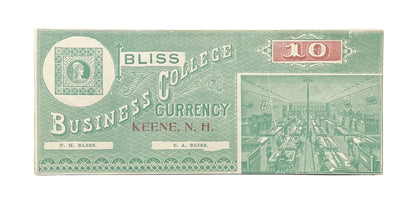 1890s Bliss Business College Currency 10 Dollar Note - Keene, NH - Almost Uncirculated (AU) - Bliss Business College Ten Dollars Trade Note