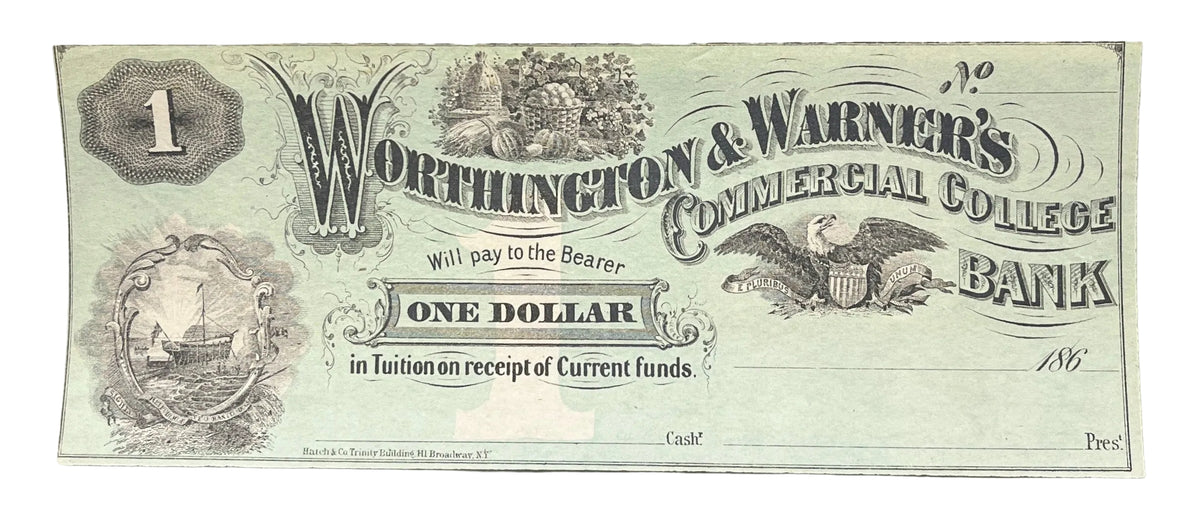 1860s Worthington & Warner's Commercial College 1 Dollar Note - New Hampshire College Currency - Concord NH One Dollar Trade Currency