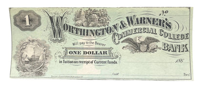 1860s Worthington & Warner's Commercial College 1 Dollar Note - New Hampshire College Currency - Concord NH One Dollar Trade Currency