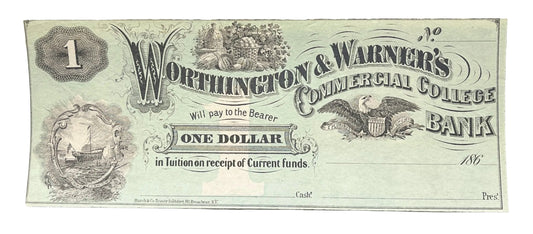 1860s Worthington & Warner's Commercial College 1 Dollar Note - New Hampshire College Currency - Concord NH One Dollar Trade Currency