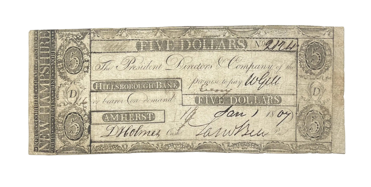 1807 Hillsborough Bank 5 Dollar Banknote - New Hampshire Obsolete - Early American Banknote - 1807 Five Dollars Obsolete Note Amherst NH