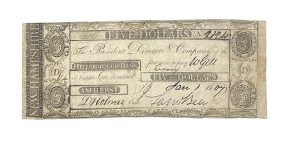 1807 Hillsborough Bank 5 Dollar Banknote - New Hampshire Obsolete - Early American Banknote - 1807 Five Dollars Obsolete Note Amherst NH