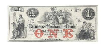 RARE 1850s Farmers & Mechanics Bank 1 Dollar Obsolete Note - Rochester, NH - UNC Remainder - 1800s Farmers and Mechanics One Dollar Banknote