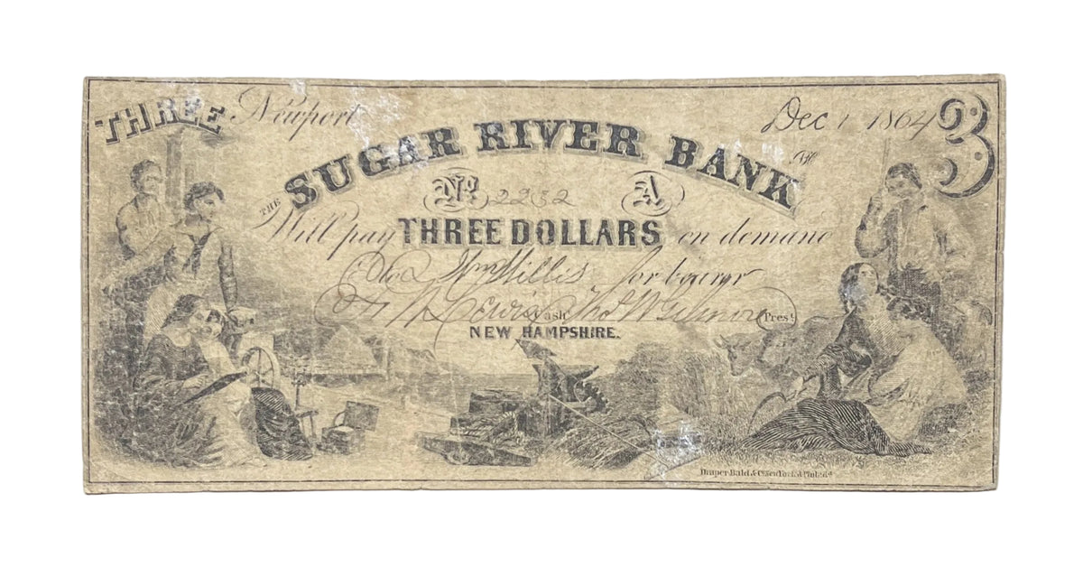 RARE 1864 Sugar River Bank 3 Dollar Obsolete Note - Newport New Hampshire - 1864 Sugar River Bank Newport NH Three Dollar Obsolete Banknote