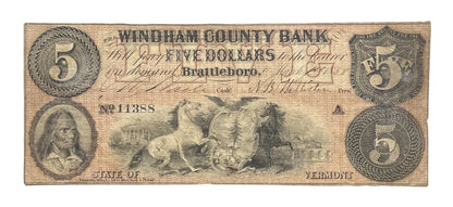 RARE 1858 Windham County Bank 5 Dollar Vermont Obsolete Note - Issued Red Note - 1858 Brattleboro Vermont Five Dollar Banknote