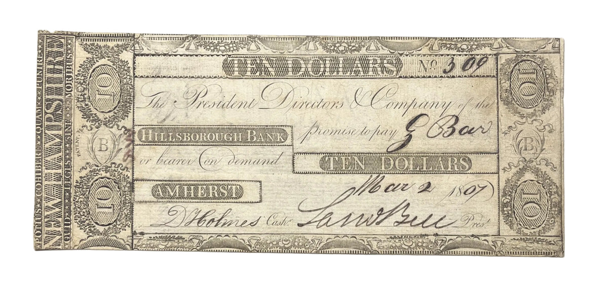 1807 Hillsborough Bank 10 Dollar Banknote - New Hampshire Obsolete - Early American Banknote - 1807 Ten Dollar Obsolete Note Amherst NH