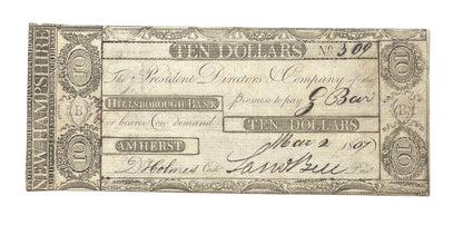 1807 Hillsborough Bank 10 Dollar Banknote - New Hampshire Obsolete - Early American Banknote - 1807 Ten Dollar Obsolete Note Amherst NH