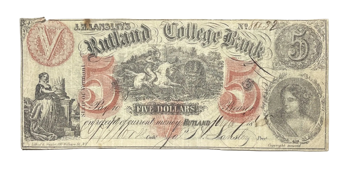 1865 J. H. Lansley's Rutland College Bank 5 Dollar College Currency Note - VT Obsolete - Rutland Commercial College Vermont Five Dollar Note