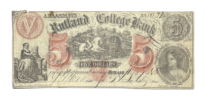 1865 J. H. Lansley's Rutland College Bank 5 Dollar College Currency Note - VT Obsolete - Rutland Commercial College Vermont Five Dollar Note