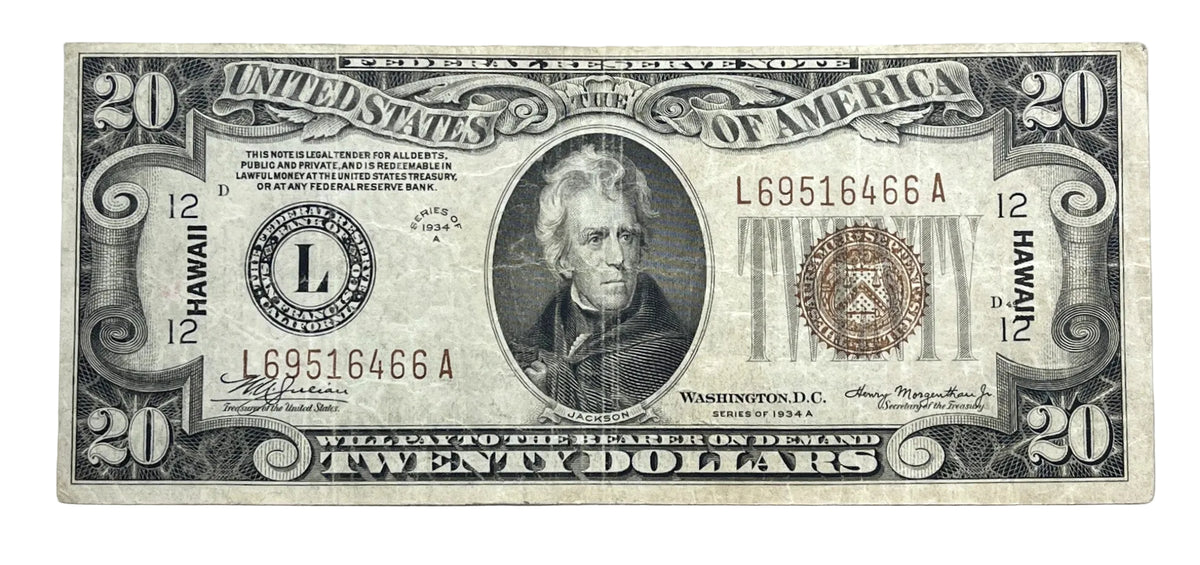 1934-A Hawaii Overprint 20 Dollar Note - Extremely Fine (XF) - WW2 Emergency Note - 1934 A US Brown Seal Twenty Dollars Note - Fr. 2305