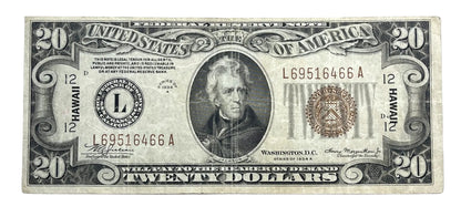 1934-A Hawaii Overprint 20 Dollar Note - Extremely Fine (XF) - WW2 Emergency Note - 1934 A US Brown Seal Twenty Dollars Note - Fr. 2305