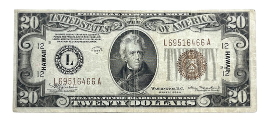1934-A Hawaii Overprint 20 Dollar Note - Extremely Fine (XF) - WW2 Emergency Note - 1934 A US Brown Seal Twenty Dollars Note - Fr. 2305