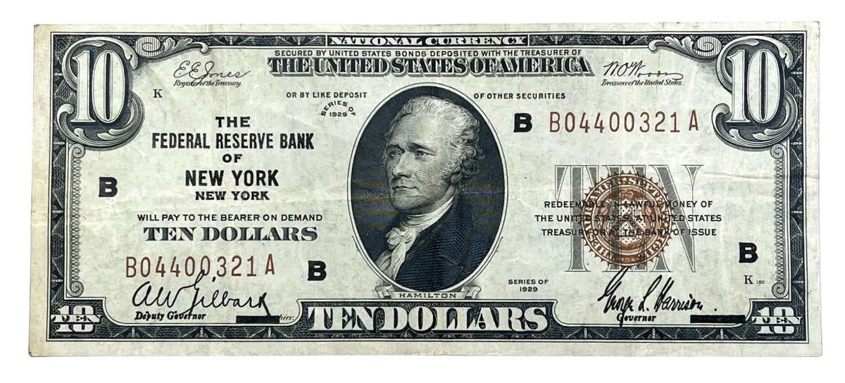 Billete de 10 dólares de moneda nacional del Banco de Nueva York de 1929 - Muy bueno (VF) con manchas - Billete de 10 dólares con sello marrón de 1929 del FRBN de Nueva York - Fr#1860-B