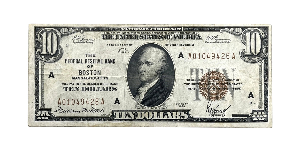 1929 Boston National Currency 10 Dollar Note - Very Fine (VF) - 1929 US Brown Seal Boston MA 10 Dollar FRBN Banknote - Fr#1860-A