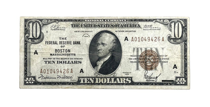 1929 Boston National Currency 10 Dollar Note - Very Fine (VF) - 1929 US Brown Seal Boston MA 10 Dollar FRBN Banknote - Fr#1860-A