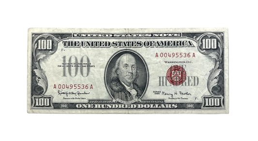 1966 US Legal Tender 100 Dollar Note - Extremely Fine (XF) - Low Mintage - 1966 United States Red Seal One Hundred Dollar Note - Fr#1550