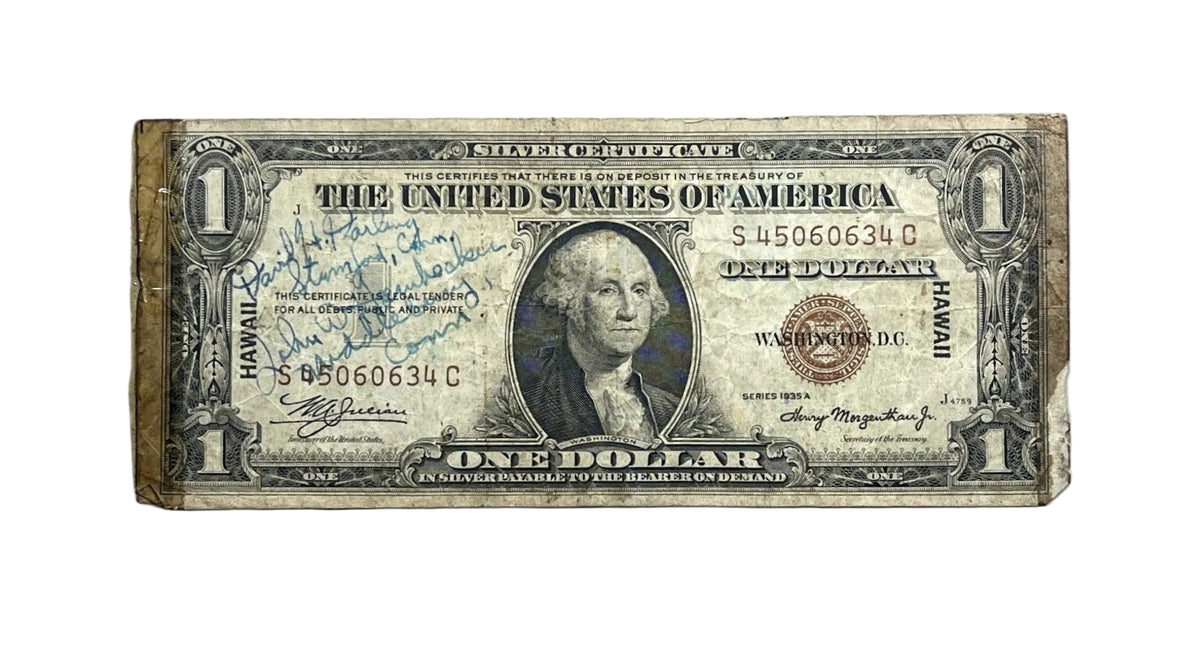 1935A Hawaii WW2 1 Dollar Short Snorter Note - Signed by World War Two Soldiers - WWII Short Snorter Brown Seal Emergency Note - Fr#2300