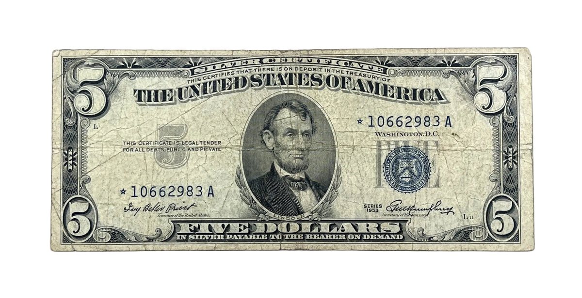 1953 Silver Certificate 5 Dollar Star Note - Fine (F) - 1953 Blue Seal Five Dollars Star Note - Fr.1655*