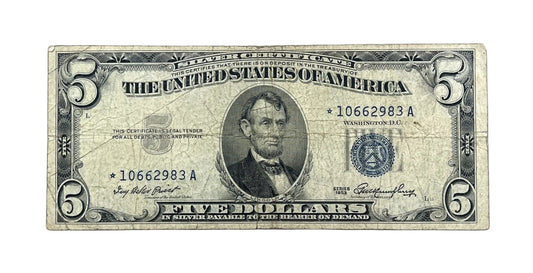 1953 Silver Certificate 5 Dollar Star Note - Fine (F) - 1953 Blue Seal Five Dollars Star Note - Fr.1655*