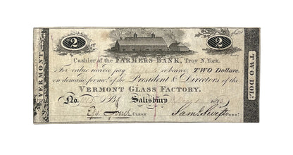 1813 Vermont Glass Factory 2 Dollar Merchant Scrip Note - Rare Early Vermont Scrip - Salisbury, VT - 1813 Two Dollar Vermont Merchant Scrip