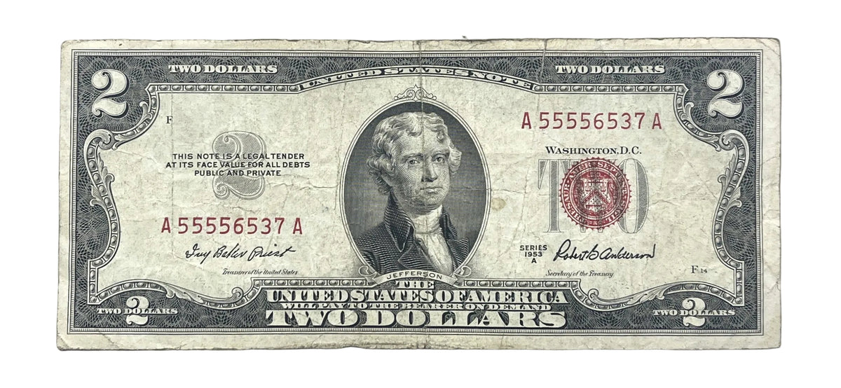 1953A Solid Repeater Fancy Serial 2 Dollar Note - 55556537 - 1953-A Two Dollar Cool Serial Legal Tender Note - Fr#1510