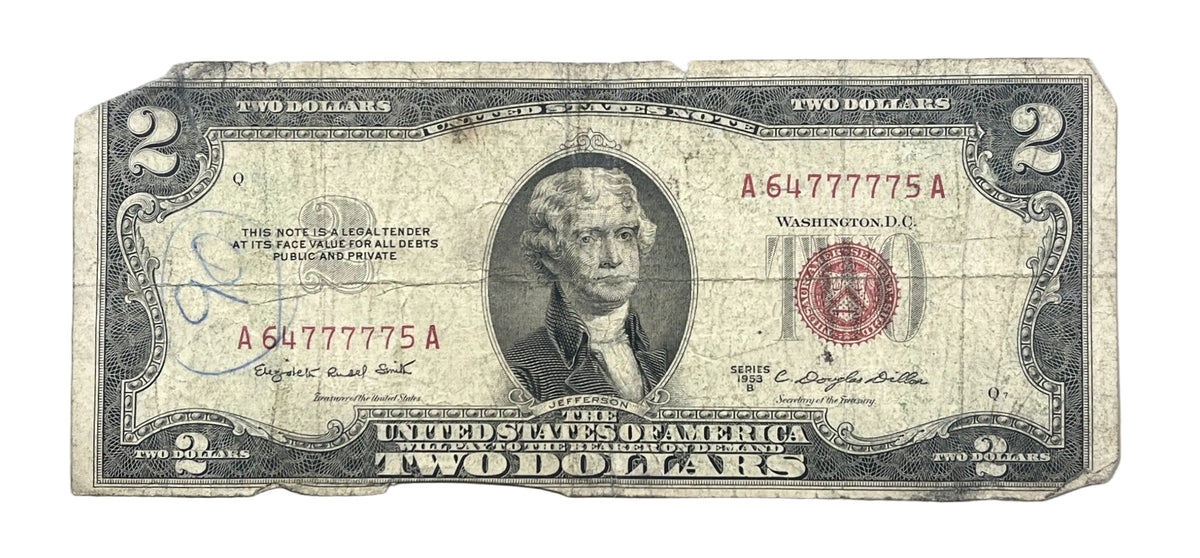 1953B Fancy Solid Repeater Lucky 777 Serial Number 2 Dollar Note - 64777775- 1953-B Two Dollar Legal Tender Cool Serial Note - Fr#1511