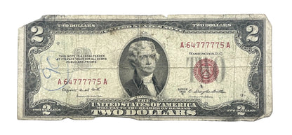 1953B Fancy Solid Repeater Lucky 777 Serial Number 2 Dollar Note - 64777775- 1953-B Two Dollar Legal Tender Cool Serial Note - Fr#1511