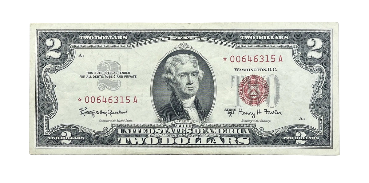 1963A STAR NOTE Red Seal 2 Dollar U.S. Note - XF (Extremely Fine) Condition - 1963 A Two Dollar Legal Tender Star Note - Fr#1514*