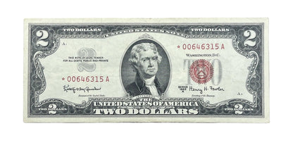 1963A STAR NOTE Red Seal 2 Dollar U.S. Note - XF (Extremely Fine) Condition - 1963 A Two Dollar Legal Tender Star Note - Fr#1514*
