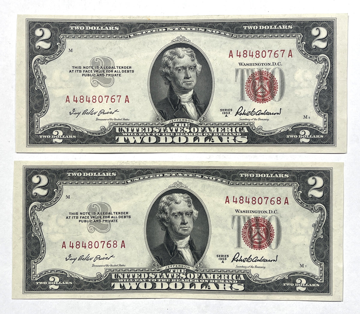 Pair of Consecutive Serial 1953A Legal Tender 2 Dollar Notes - Uncirculated - 1953 A Two Dollar Legal Tender Notes Sequential Set - Fr.1510
