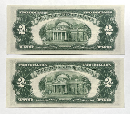 Pair of Consecutive Serial 1953A Legal Tender 2 Dollar Notes - Uncirculated - 1953 A Two Dollar Legal Tender Notes Sequential Set - Fr.1510