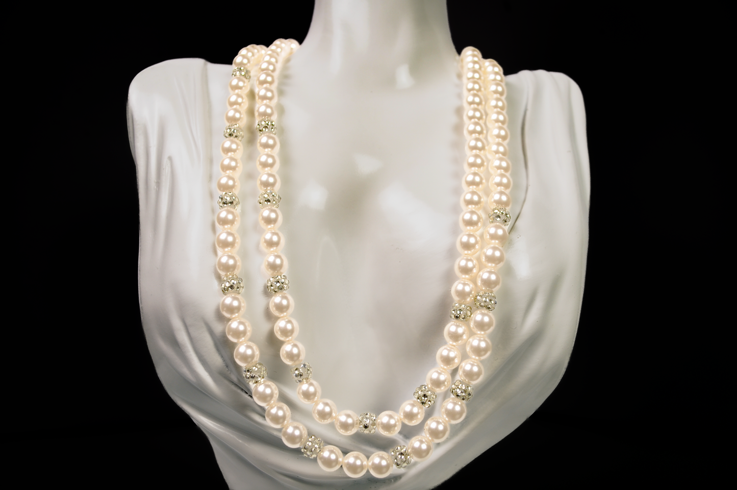 Vintage RMN Multi Strand Faux Pearl Necklace Crystal Accents - Roman Signed RMN Double Strand Pearl Necklace Rhinestone Spacers