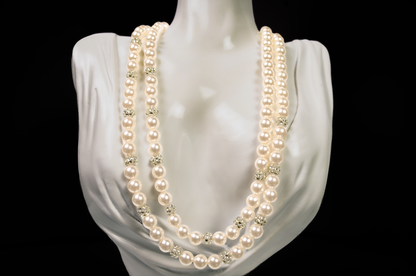 Vintage RMN Multi Strand Faux Pearl Necklace Crystal Accents - Roman Signed RMN Double Strand Pearl Necklace Rhinestone Spacers