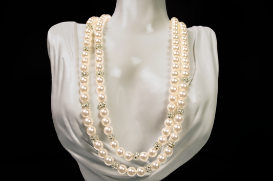 Vintage RMN Multi Strand Faux Pearl Necklace Crystal Accents - Roman Signed RMN Double Strand Pearl Necklace Rhinestone Spacers