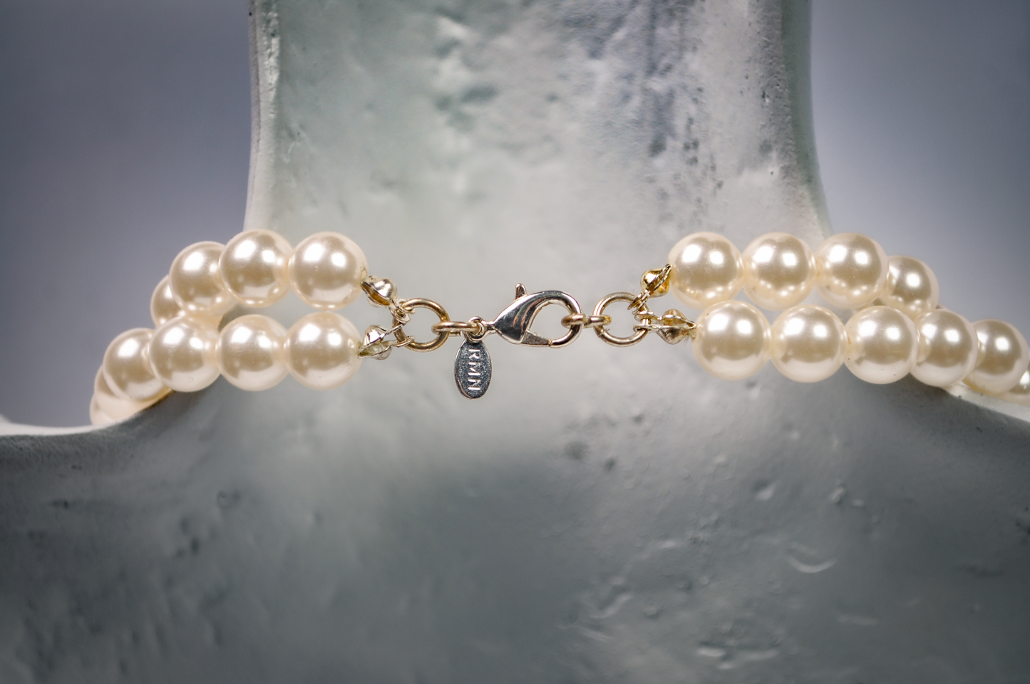 Vintage RMN Multi Strand Faux Pearl Necklace Crystal Accents - Roman Signed RMN Double Strand Pearl Necklace Rhinestone Spacers