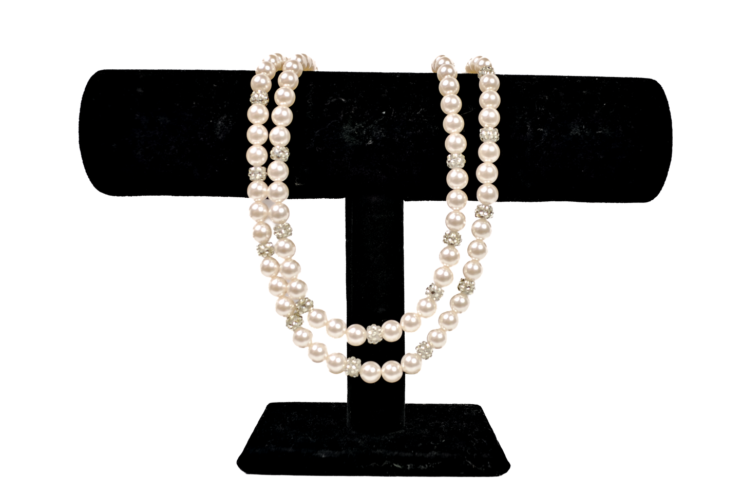 Vintage RMN Multi Strand Faux Pearl Necklace Crystal Accents - Roman Signed RMN Double Strand Pearl Necklace Rhinestone Spacers