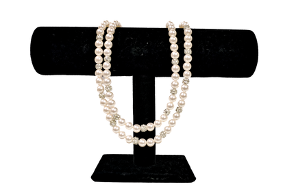 Vintage RMN Multi Strand Faux Pearl Necklace Crystal Accents - Roman Signed RMN Double Strand Pearl Necklace Rhinestone Spacers