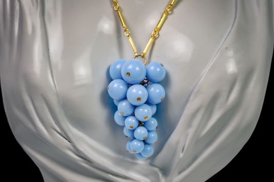 Vintage Blue Grape Cluster Gold Tone Necklace - Retro Turquoise Blue Beaded Grape Cluster Necklace