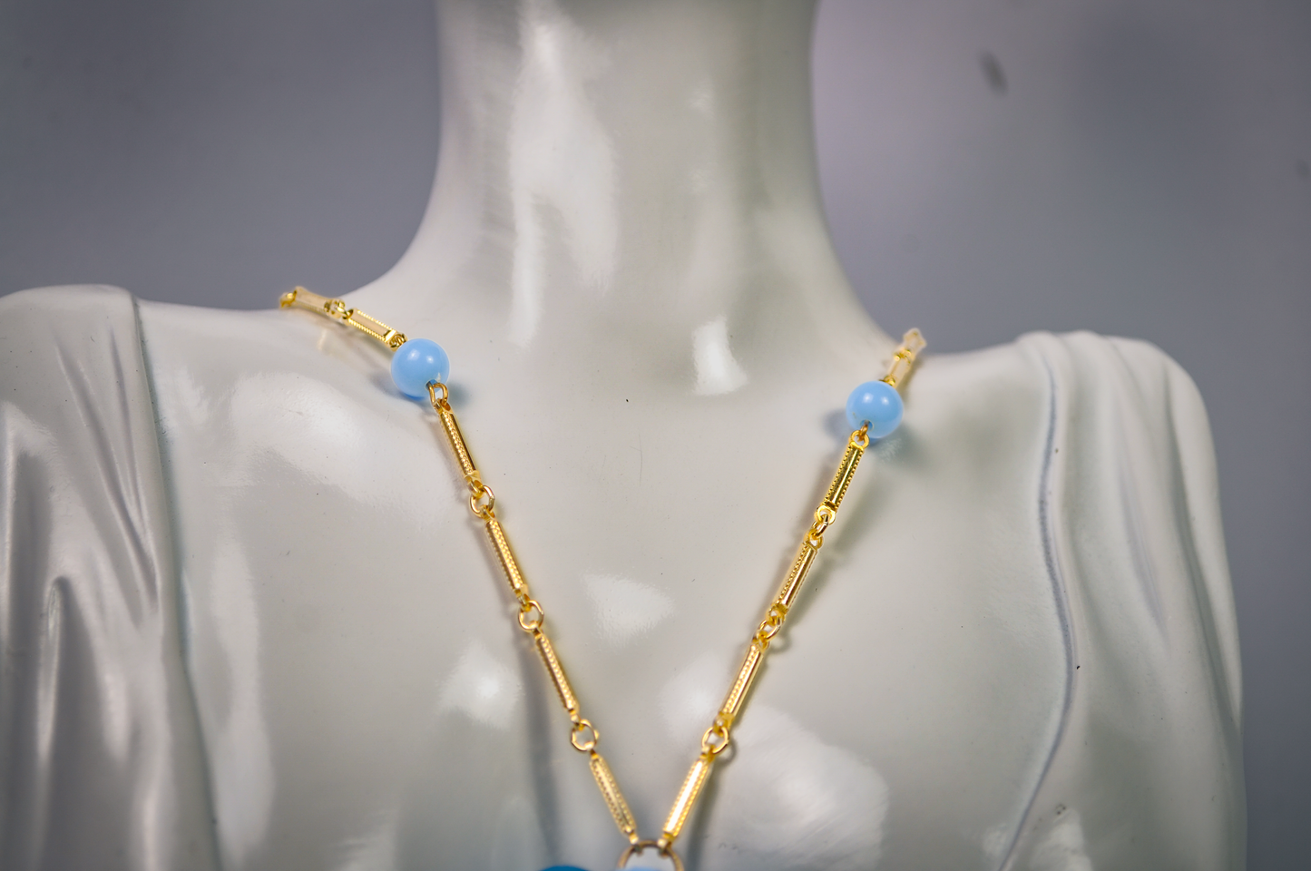 Vintage Blue Grape Cluster Gold Tone Necklace - Retro Turquoise Blue Beaded Grape Cluster Necklace