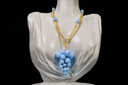 Vintage Blue Grape Cluster Gold Tone Necklace - Retro Turquoise Blue Beaded Grape Cluster Necklace