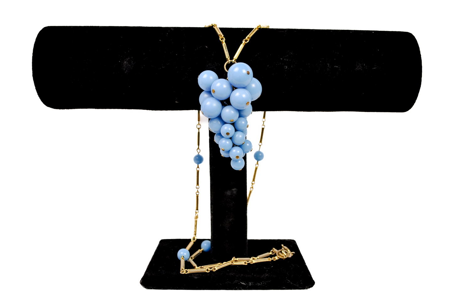 Vintage Blue Grape Cluster Gold Tone Necklace - Retro Turquoise Blue Beaded Grape Cluster Necklace