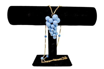 Vintage Blue Grape Cluster Gold Tone Necklace - Retro Turquoise Blue Beaded Grape Cluster Necklace
