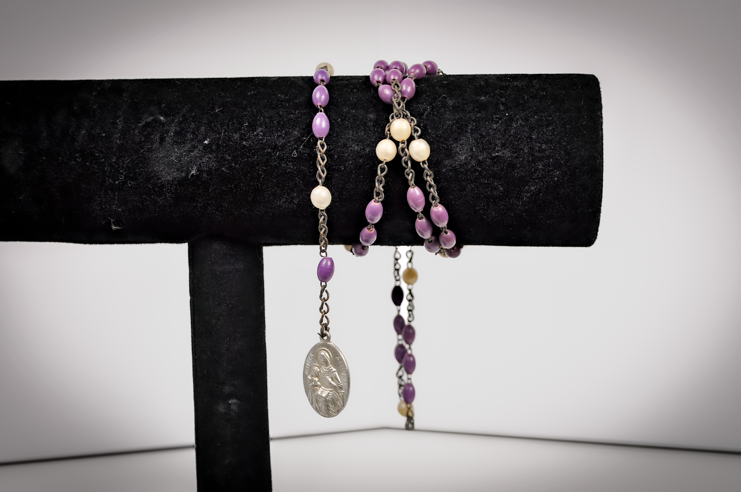 Vintage Catholic Saint Anne Purple Rosary - Purple and Pearlized Bead Religious Saint Anne Italian Rosary