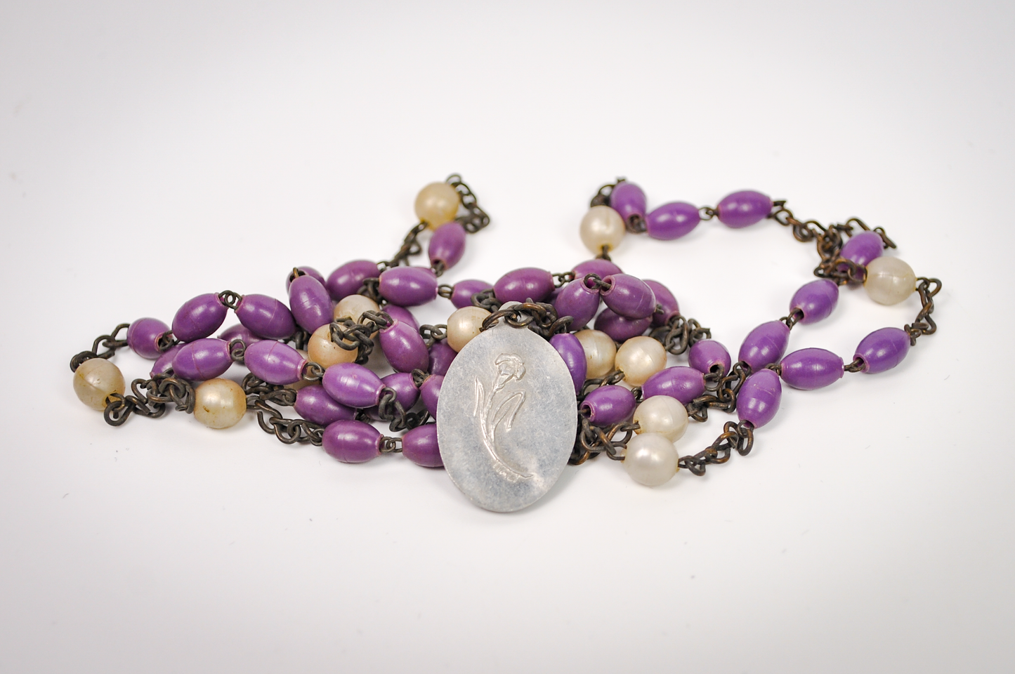 Vintage Catholic Saint Anne Purple Rosary - Purple and Pearlized Bead Religious Saint Anne Italian Rosary